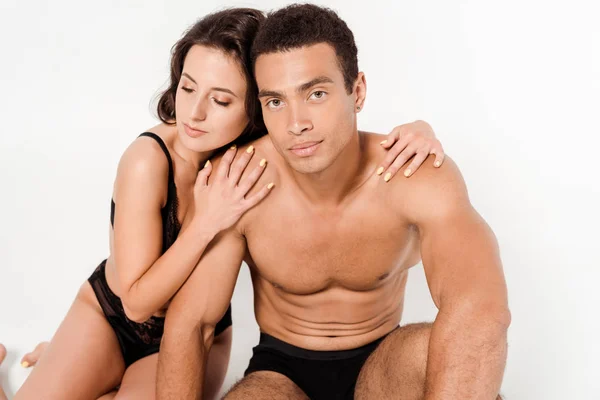 Young Woman Underwear Hugging Shirtless Mixed Race Man Isolated White — Stock Photo, Image