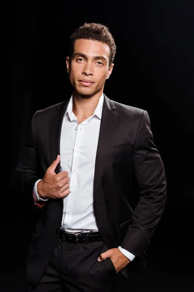 Handsome Mixed Race Man Touching Suit While Standing Hand Pocket — Stock Photo, Image