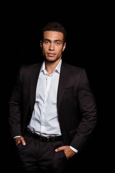 Mixed Race Man Standing Hands Pockets Isolated Black — Stock Photo, Image