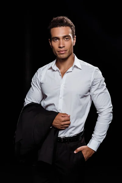Handsome Mixed Race Man Standing Hand Pocket Isolated Black — Stock Photo, Image