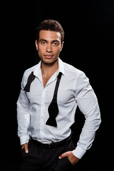 Handsome Mixed Race Man Looking Camera While Standing Hands Pockets — Stock Photo, Image