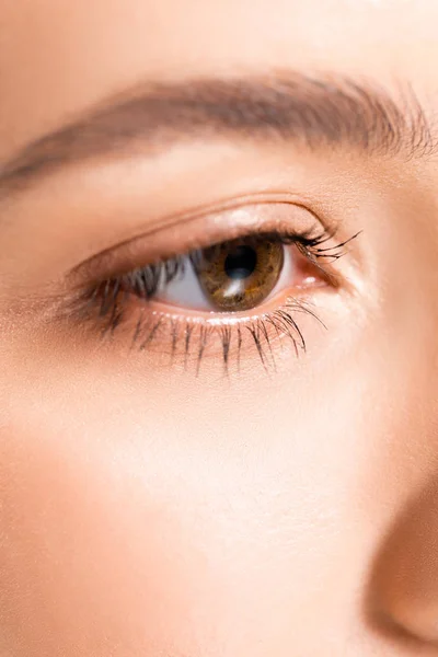 Close View Woman Brown Clear Eye Perfect Skin — Stock Photo, Image