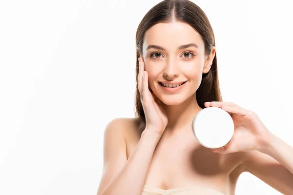 Beautiful Smiling Young Woman Perfect Skin Holding Cosmetic Cream Isolated — Stock Photo, Image