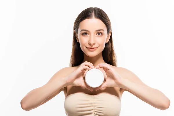 Beautiful Young Woman Perfect Skin Holding Cosmetic Cream Showing Heart — Stock Photo, Image