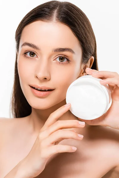 Beautiful Young Woman Perfect Skin Presenting Cosmetic Cream Isolated White — Stock Photo, Image