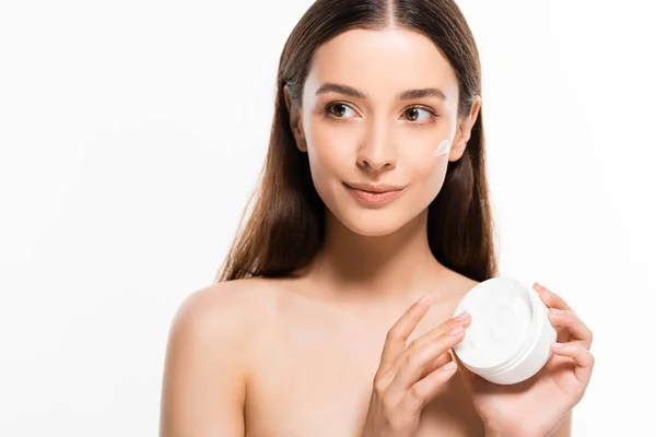 Beautiful Young Naked Woman Perfect Skin Cosmetic Cream Face Looking — Stock Photo, Image