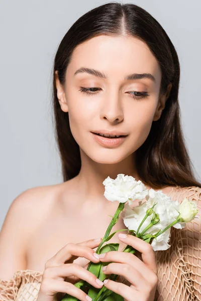 Tender Beautiful Brunette Woman White Carnations Isolated Grey — Stock Photo, Image