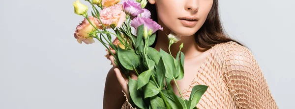 Cropped View Beautiful Young Woman Beige Mesh Holding Bouquet Eustoma — Stock Photo, Image