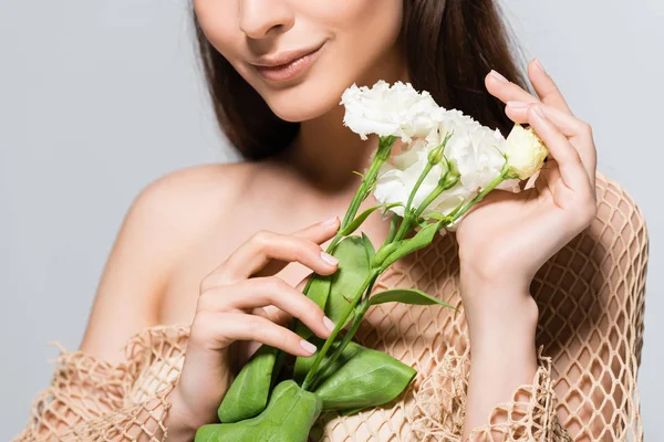 Partial View Smiling Beautiful Brunette Woman White Carnations Isolated Grey — Stock Photo, Image