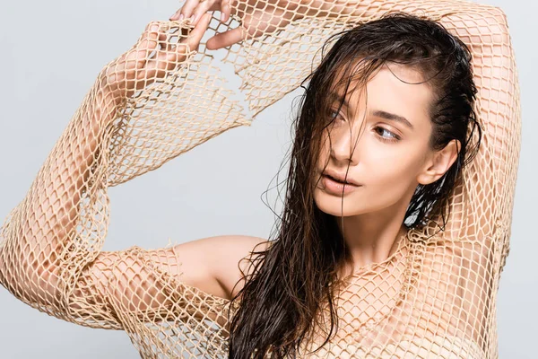 Beautiful Woman Wet Hair Mesh Beige Clothing Posing Isolated Grey — Stock Photo, Image