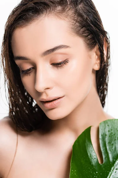 Beautiful Wet Nude Young Woman Green Leaf Water Drops Isolated — Stock Photo, Image