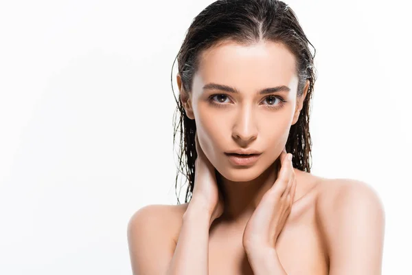 Sexy Beautiful Wet Nude Young Woman Looking Camera Touching Neck — Stock Photo, Image