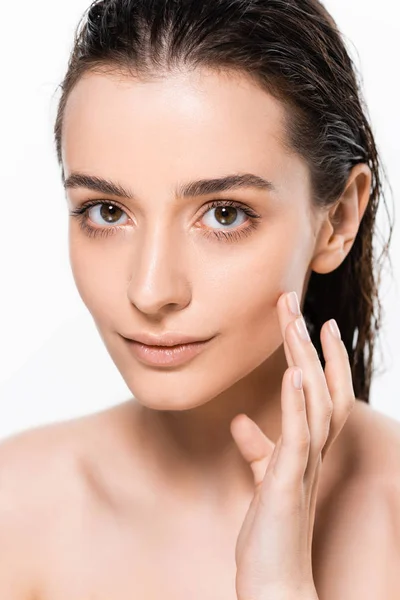 Beautiful Wet Nude Young Woman Looking Camera Touching Face Isolated — Stock Photo, Image