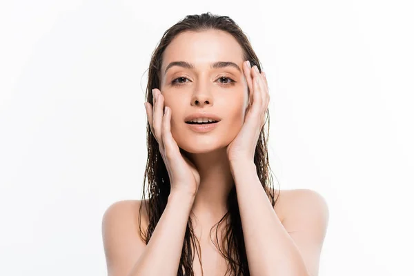 Beautiful Wet Nude Young Woman Touching Face Looking Camera Isolated — Stock Photo, Image
