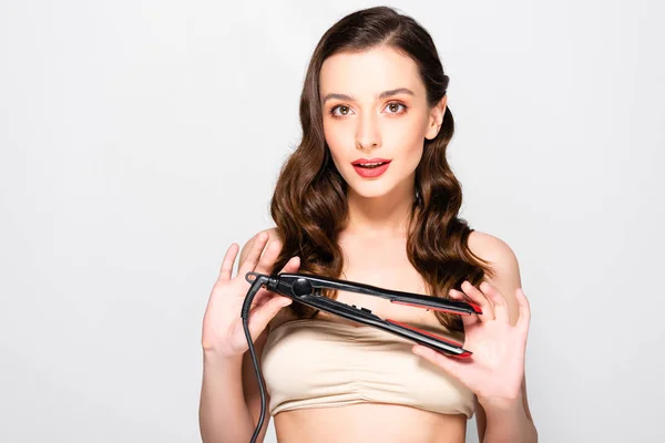 Beautiful Brunette Woman Curls Makeup Holding Straightening Flat Iron Isolated — Stock Photo, Image