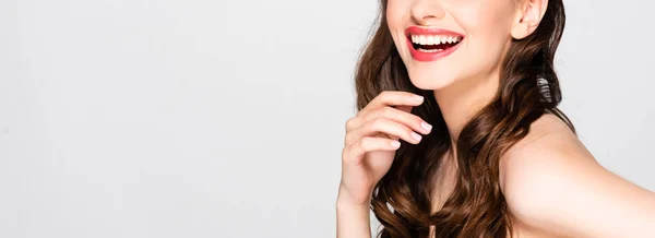 Cropped View Beautiful Nude Brunette Woman Curls Makeup Laughing Isolated — Stock Photo, Image