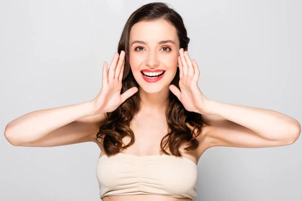 Happy Beautiful Brunette Woman Curls Makeup Posing Hands Face Isolated — Stock Photo, Image