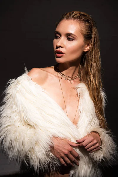 Sexy Naked Young Woman White Faux Fur Coat Isolated Black — Stock Photo, Image