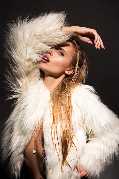 Sexy Naked Young Woman Blonde Hair White Faux Fur Coat — Stock Photo, Image