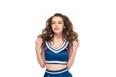 sexy happy cheerleader girl in blue uniform touching hair isolated on white clipart