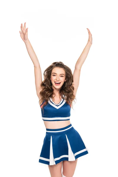 性感的快乐啦啦队长女孩在蓝色制服与手在空中隔离在白色 — 图库照片