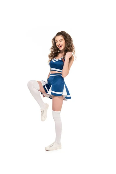 白に孤立した青い制服ダンスでセクシーな幸せなチアリーダーの女の子 — ストック写真