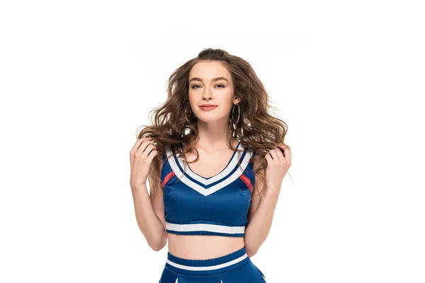 Sexy Gelukkig Cheerleader Meisje Blauw Uniform Aanraken Van Haar Geïsoleerd — Stockfoto