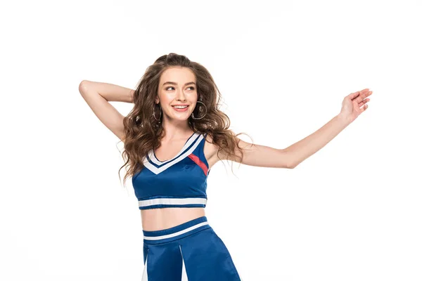 Sexy Feliz Cheerleader Menina Azul Uniforme Dançando Olhando Para Longe — Fotografia de Stock