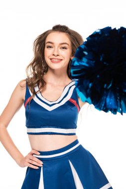 happy beautiful cheerleader girl in blue uniform holding pompom isolated on white clipart
