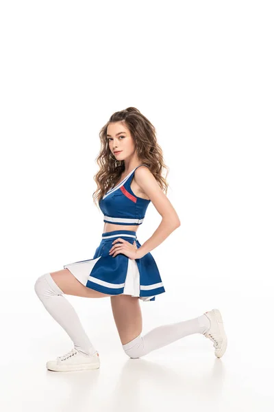 Vista Laterale Sexy Sorridente Cheerleader Ragazza Uniforme Blu Posa Isolata — Foto Stock