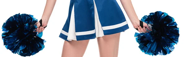 Vista Ritagliata Sexy Cheerleader Ragazza Gonna Blu Con Pompon Isolato — Foto Stock