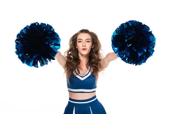 Excited Cheerleader Girl Blue Uniform Dancing Pompoms Isolated White — Stock Photo, Image