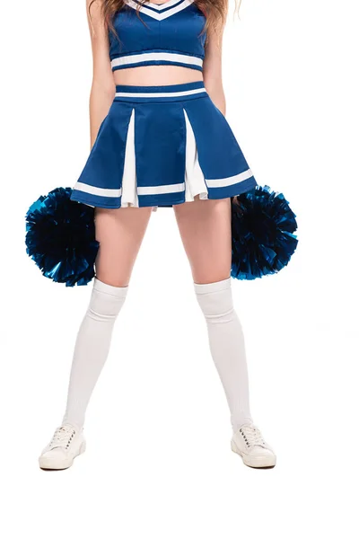 Vista Parcial Chica Animadora Falda Azul Polainas Sosteniendo Pompones Aislados — Foto de Stock