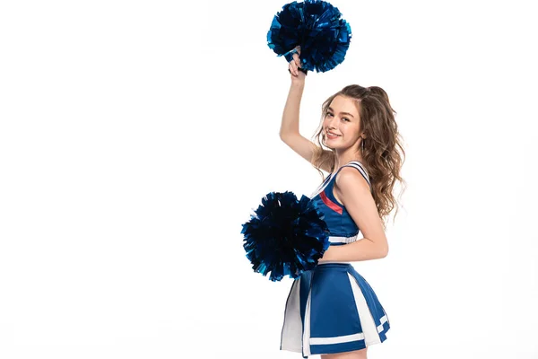 Happy Cheerleader Girl Blue Uniform Dancing Pompoms Isolated White Copy — Stock Photo, Image