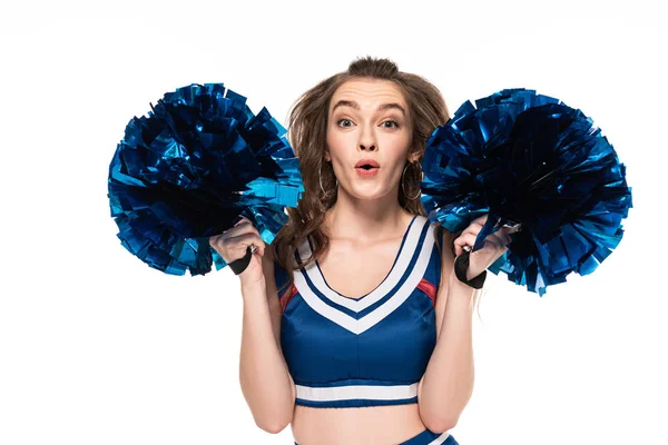 Animada Menina Cheerleader Azul Uniforme Dançando Com Pompons Isolados Branco — Fotografia de Stock