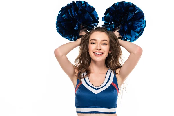 Felice Cheerleader Ragazza Uniforme Blu Tenendo Pompon Sulla Testa Isolato — Foto Stock