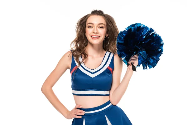 Menina Cheerleader Feliz Azul Uniforme Segurando Pompom Com Mão Quadril — Fotografia de Stock