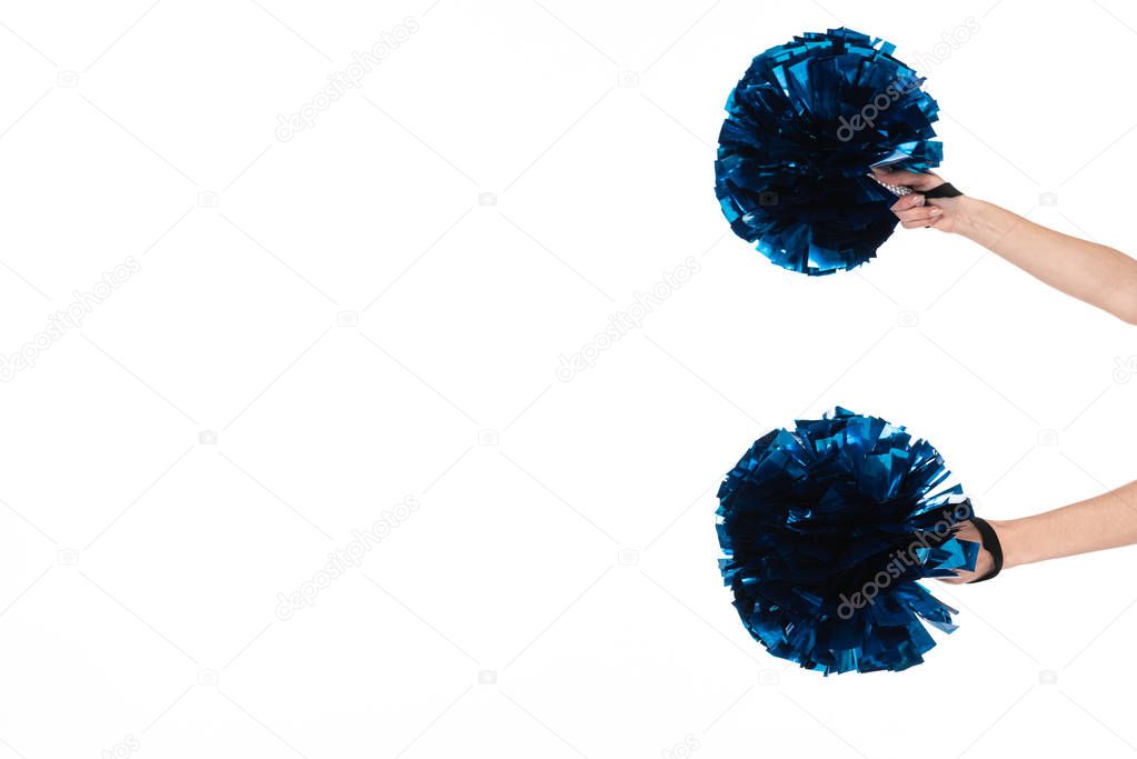 cropped view of cheerleader girl holding pompoms isolated on white