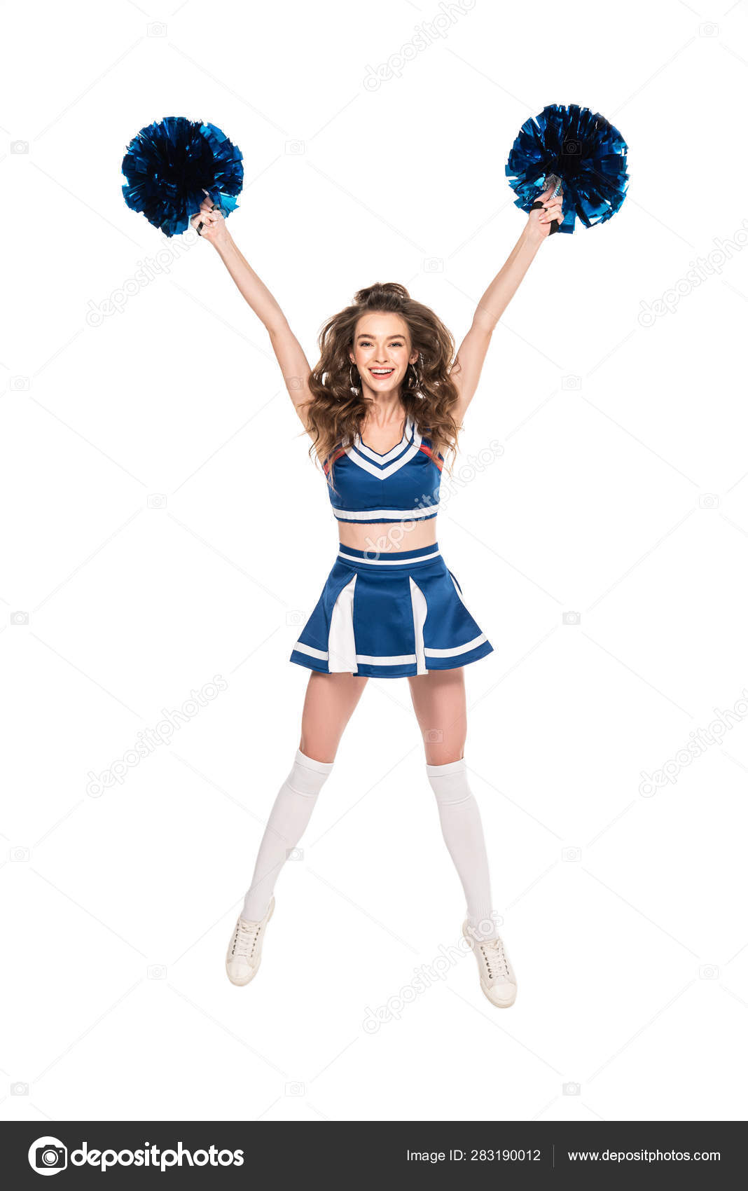 Joyeuse Pom Pom Girl Uniforme Sautant Avec Pompons Bleus Isolés image libre  de droit par IgorVetushko © #283190012