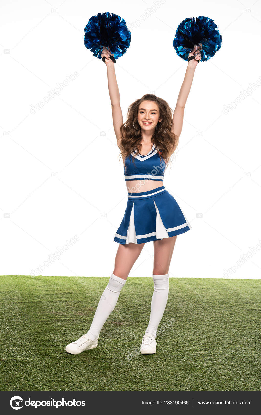 Sexy Heureux Cheerleader Fille Uniforme Bleu Avec Pompons Dans Les