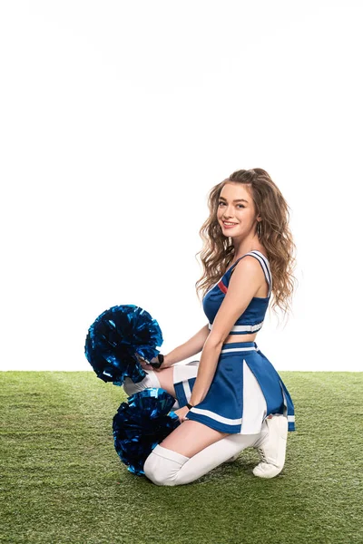 Side View Sexy Happy Cheerleader Girl Blue Uniform Pompoms Sitting — Stock Photo, Image
