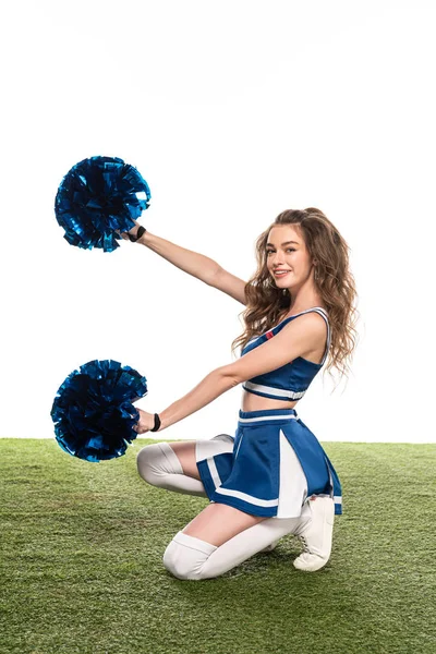 Side View Sexy Happy Cheerleader Girl Blue Uniform Pompoms Dancing — Stock Photo, Image