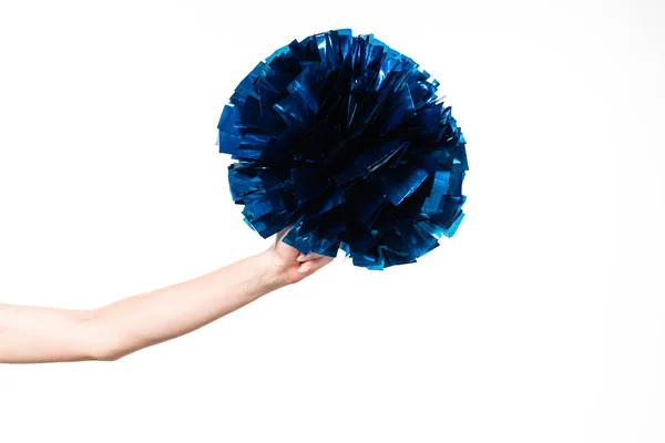 Vista Cortada Menina Cheerleader Segurando Pompom Azul Isolado Branco — Fotografia de Stock