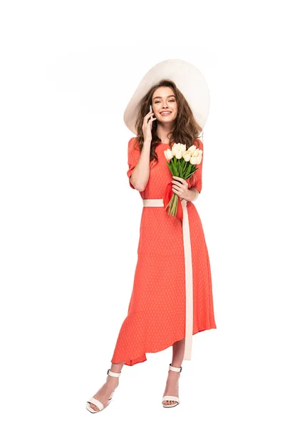 Happy Elegant Woman Hat Dress Holding White Tulips Talking Smartphone — Stock Photo, Image