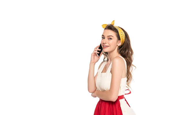 Young Happy Housewife Dress Apron Talking Smartphone Isolated White — Stock Photo, Image