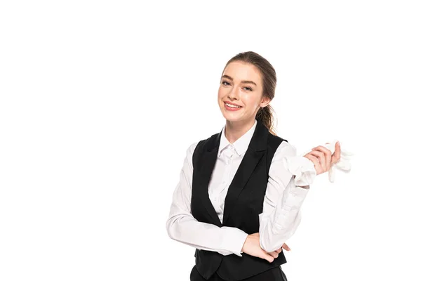 Ευτυχής Νεαρή Σερβιτόρα Επίσημη Φθορά Κρατώντας Λευκά Γάντια Απομονώνονται Λευκό — Φωτογραφία Αρχείου