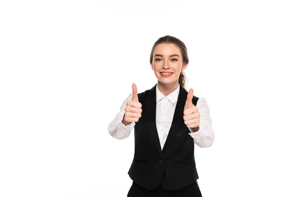 Happy Young Waitress Showing Thumbs Isolated White — Stock Photo, Image