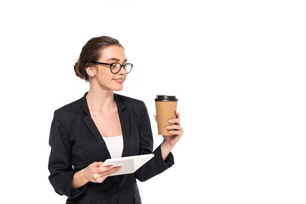 Young Smiling Successful Businesswoman Black Suit Glasses Holding Coffee Digital — Stock Photo, Image