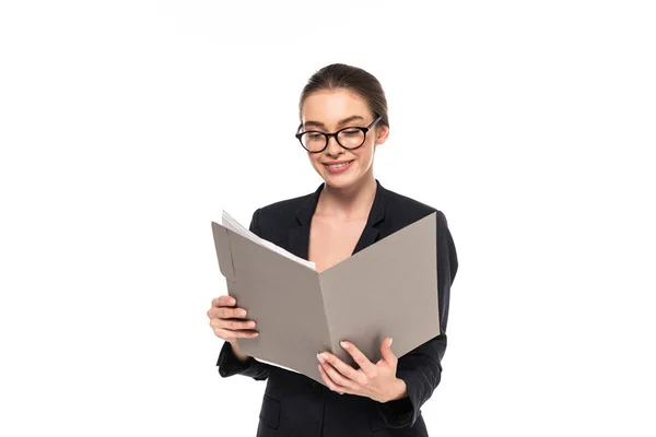 Jovem Mulher Negócios Bem Sucedida Feliz Terno Preto Óculos Leitura — Fotografia de Stock