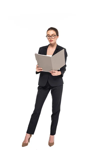 Young Successful Businesswoman Black Suit Glasses Reading Documents Folder Isolated — Stock Photo, Image